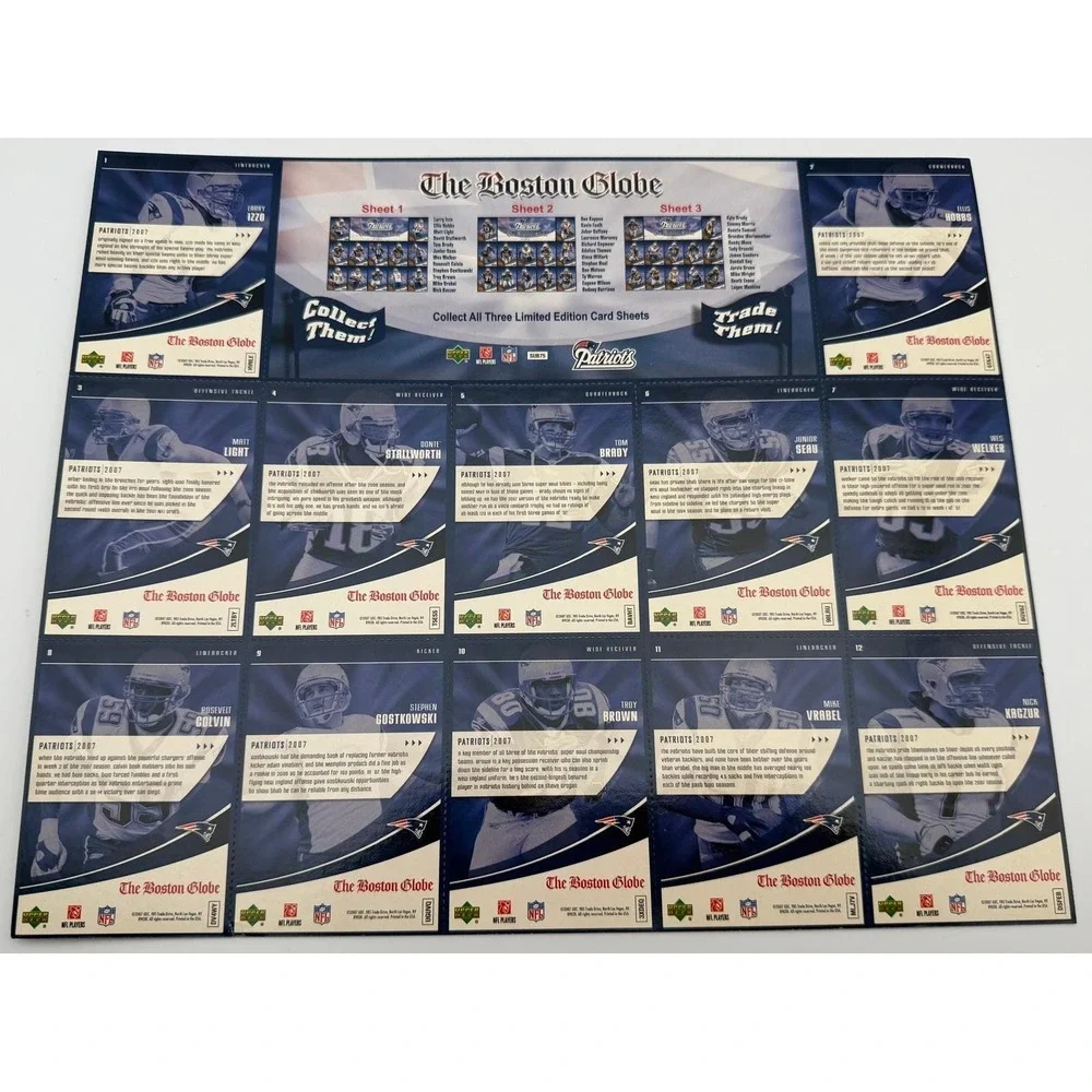 2007 Upper Deck New England Patriots Boston Globe Complete 3 Sheet Set Tom Brady